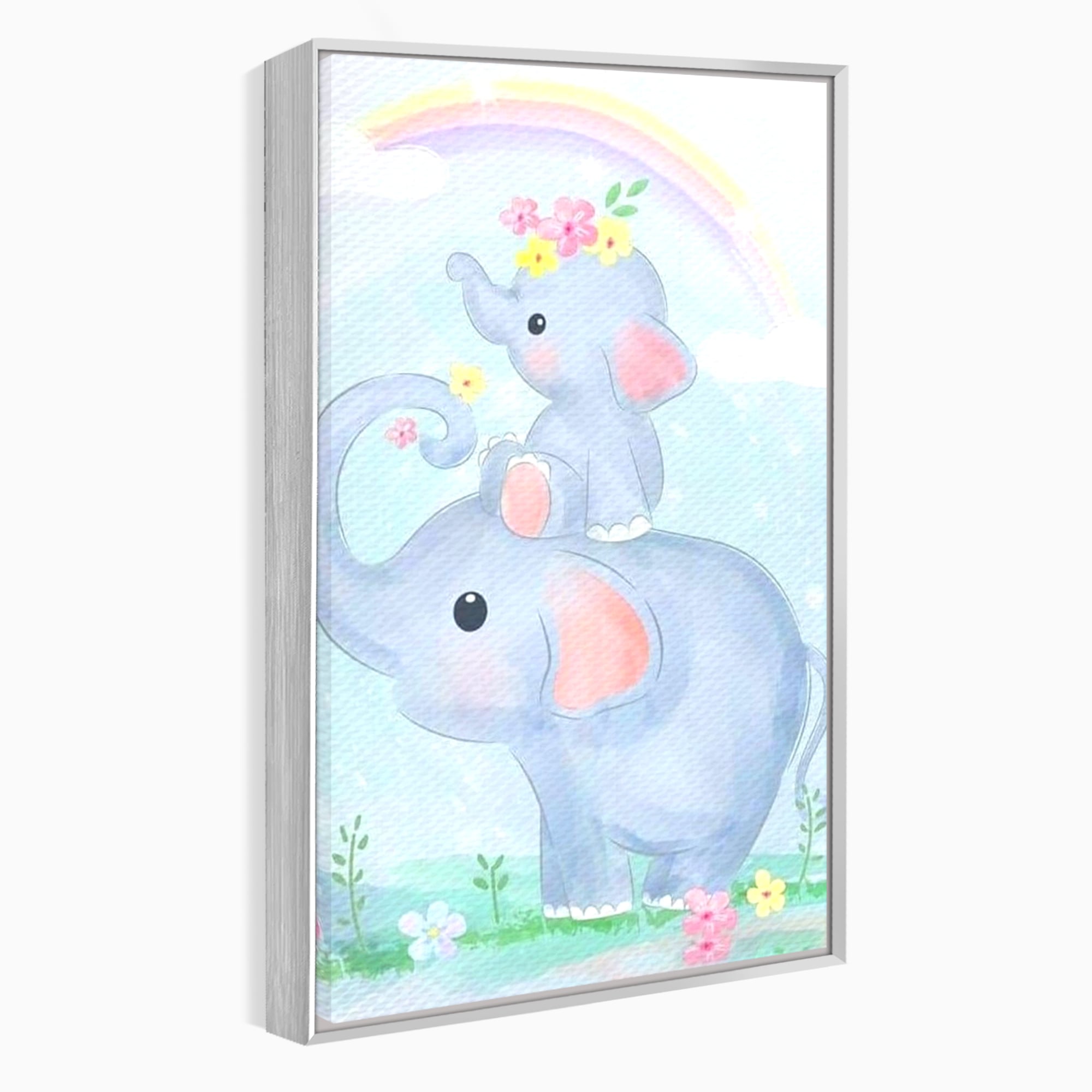 Tablou canvas cu tablou canvas cu elefanti pastelati, in rama de aluminiu argintiu